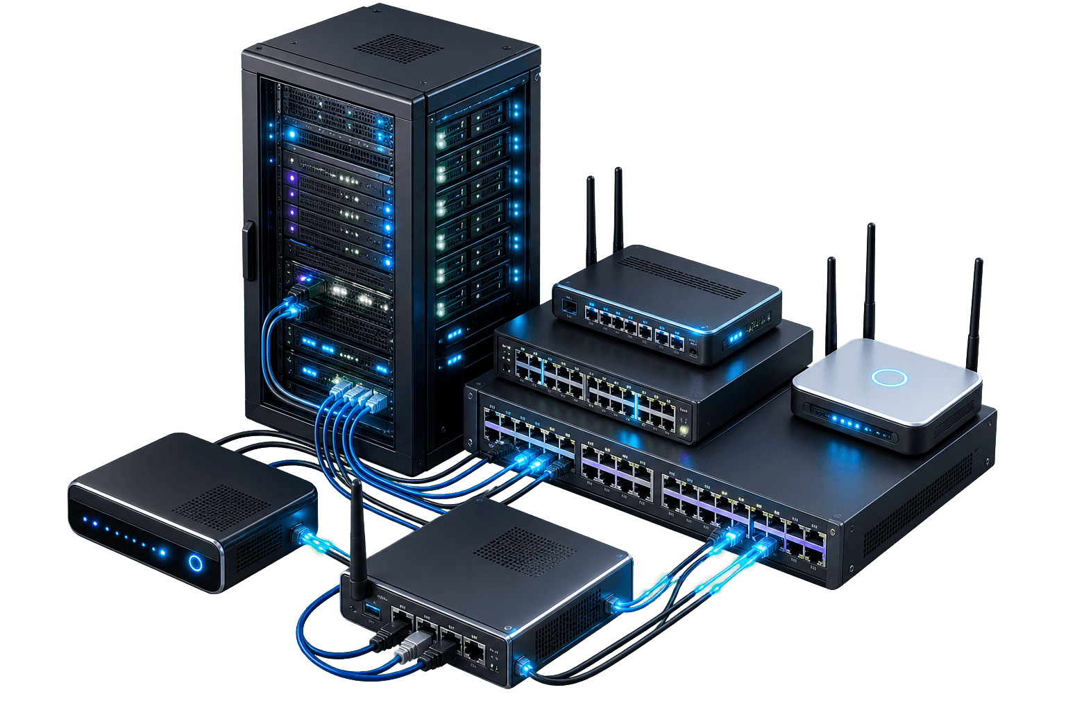 Infrastructure reseau avec rack serveur, switch, gateway et cablage