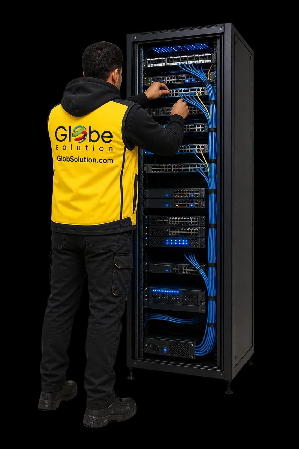 Technicien Globe Solution travaillant sur une baie réseau professionnelle avec câblage structuré