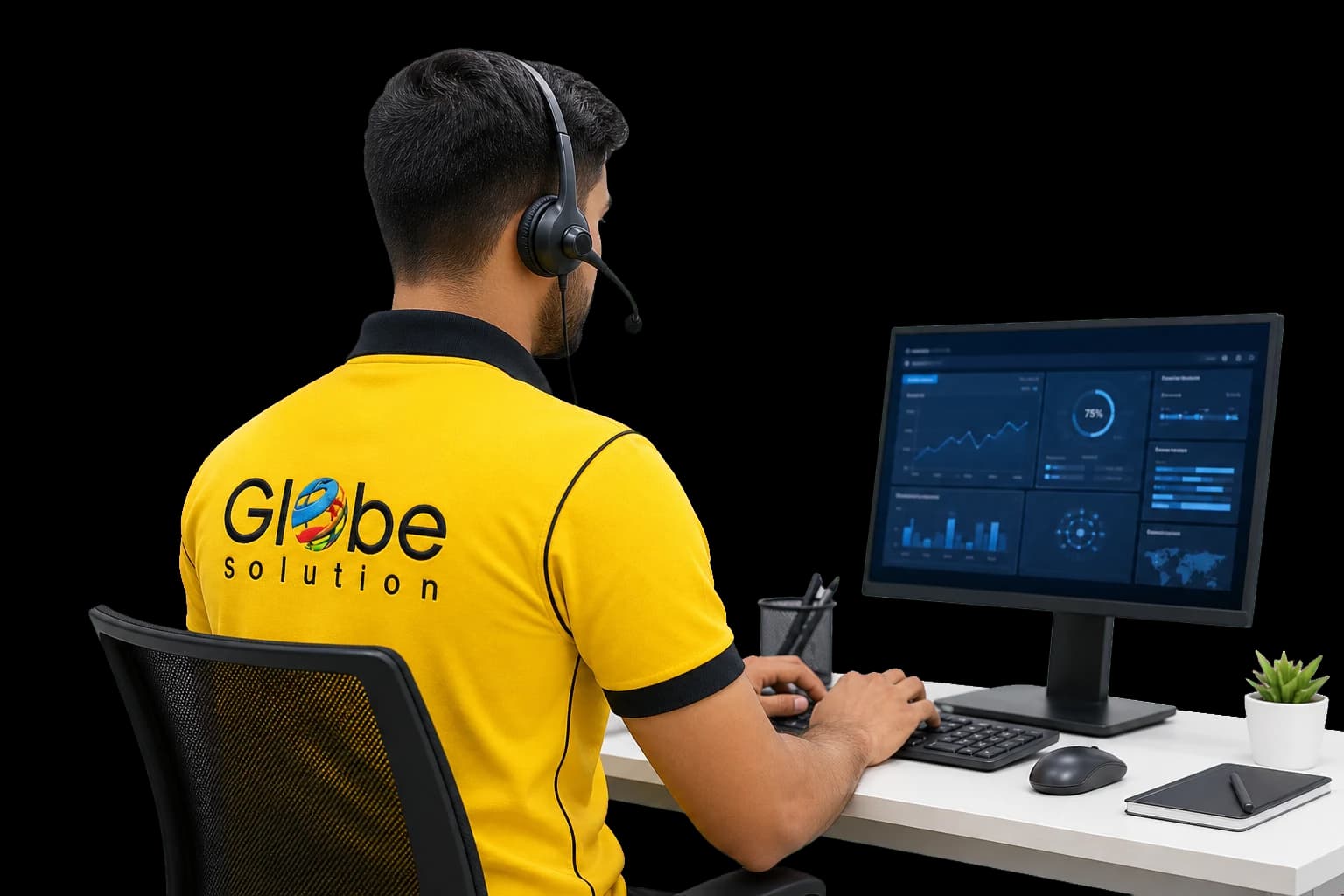 Technicien support Globe Solution avec casque assurant l’assistance client